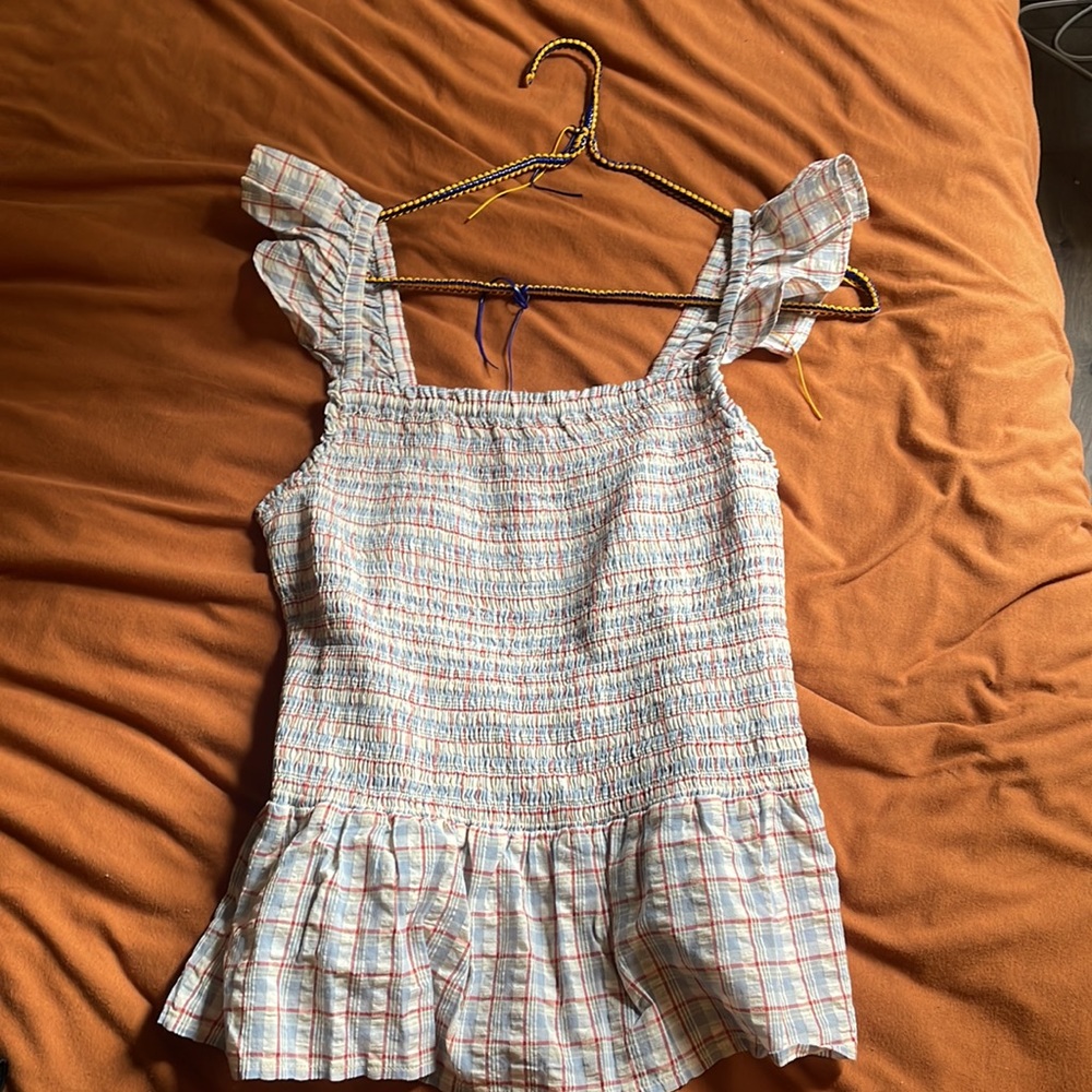 Madewell Seersucker Lucie Smocked Peplum Top in Rainbow Plaid size 6 with tags - Picture 5 of 6